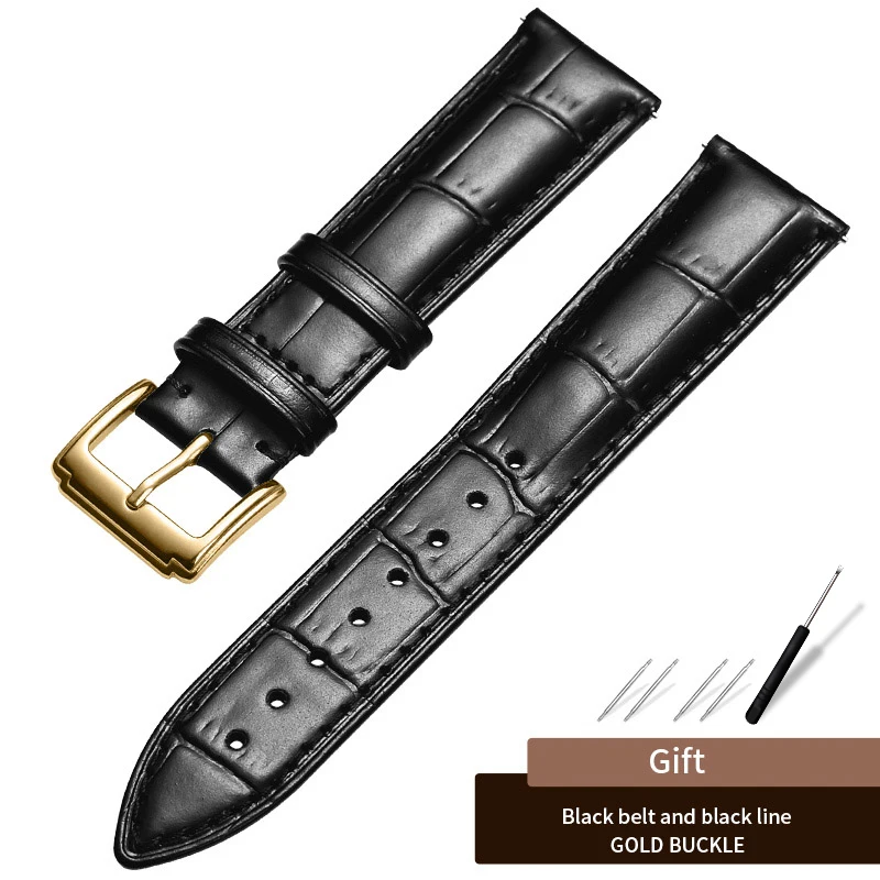 Gold-Black Carouse Watchband Black Real Leather Strap 14mm 16mm 18mm 19mm 20mm 21mm 22mm Watch Band Bracelet Metal Pin Buckle wristband - Цвет ремешка: Gold-Black