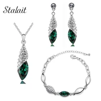 horse eye shaped full drilling crystal rhinestone green necklace water drop earring bracelet jewelry set for mothers gift
