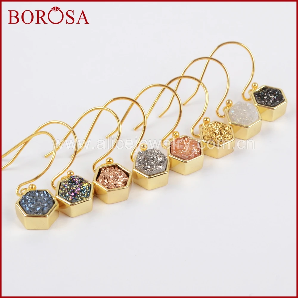 

Серьги-подвески BOROSA ZG0159 женские, висячие ювелирные украшения с гальваническим покрытием, шестигранные, радужные, из титана, с друзой