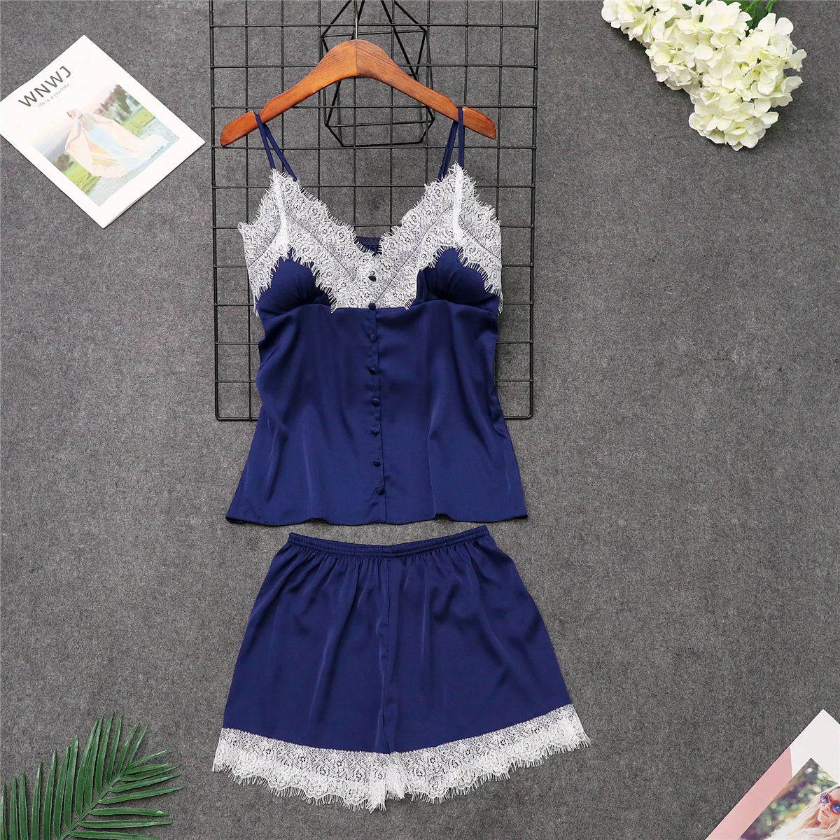 Черный летний сексуальный Пижамный халат одежда для сна Женский комплект из 2