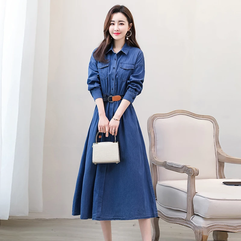 Женское свободное джинсовое платье с длинными рукавами длинное платье-рубашка