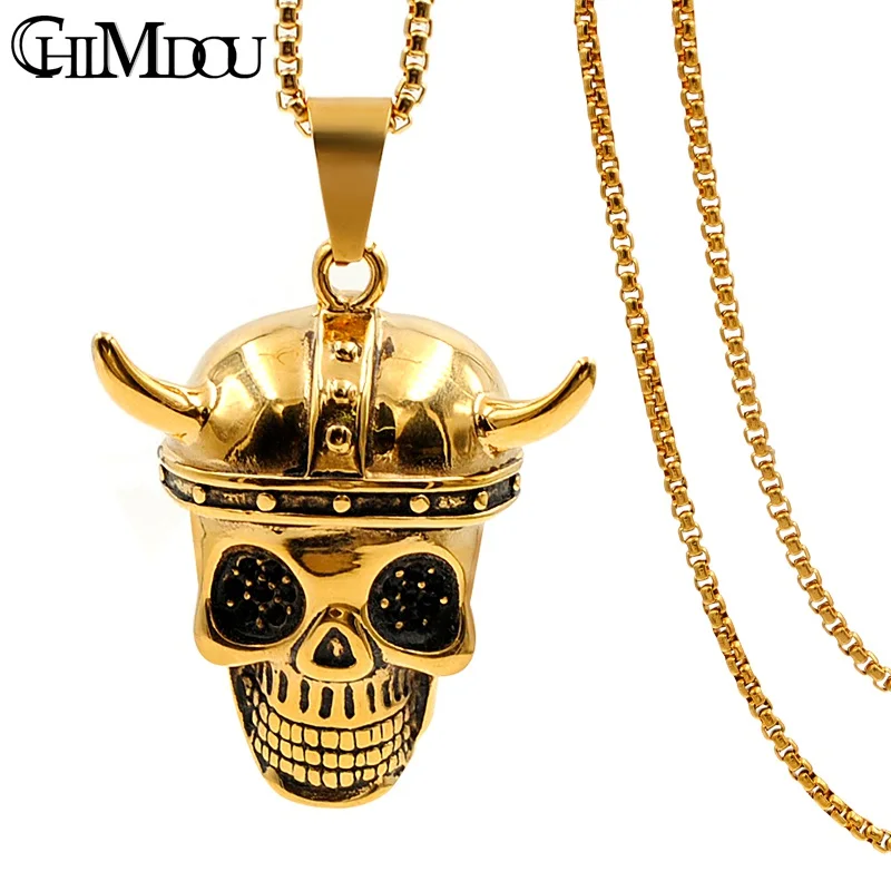 CHIMDOU из нержавеющей стали Панк Золотой Цвет роговой шлем Черные Глаза Череп кулон