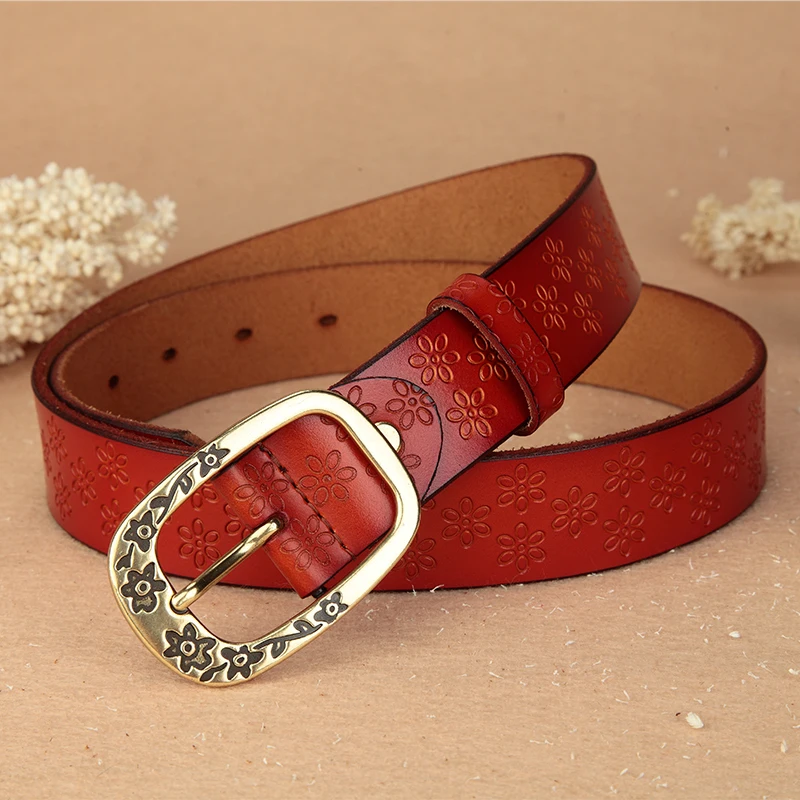 2021 New Hot Sale Belt European Women Fashion Vintage Print Casual Genuine Leather Cowskin Wide Waist Belt For Pants