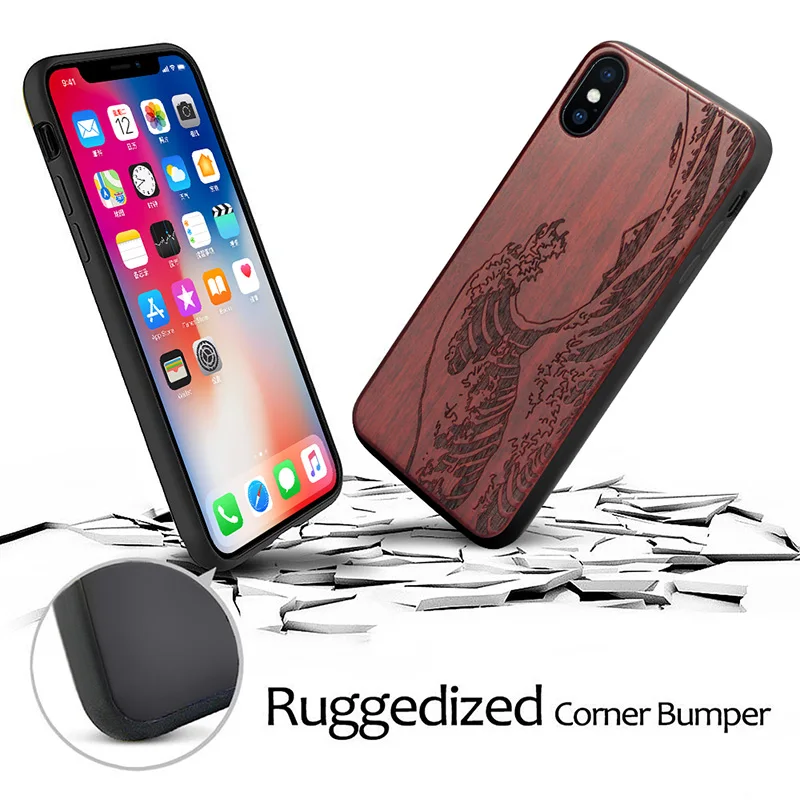 For iPhone X XS XR Case Real Wood Engraving Pattern Shock Proof Hard Back Cover for Apple Max Phone Cases |
