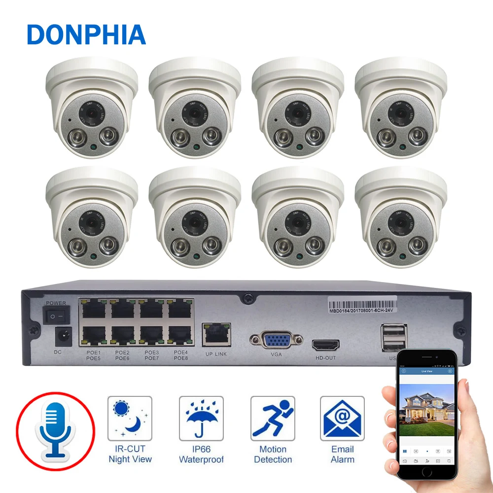Система безопасности аудио записи 8CH 1080P POE NVR комплект ip камера с микрофоном для