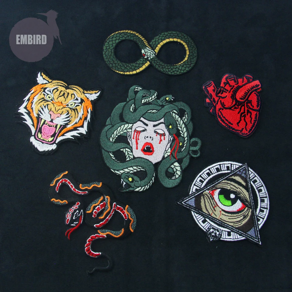 

6Pcs/lot Embird patches Embroidered applique patches set Fashion Snake Tiger Heart handmade 3D embroidery applique iron on patch