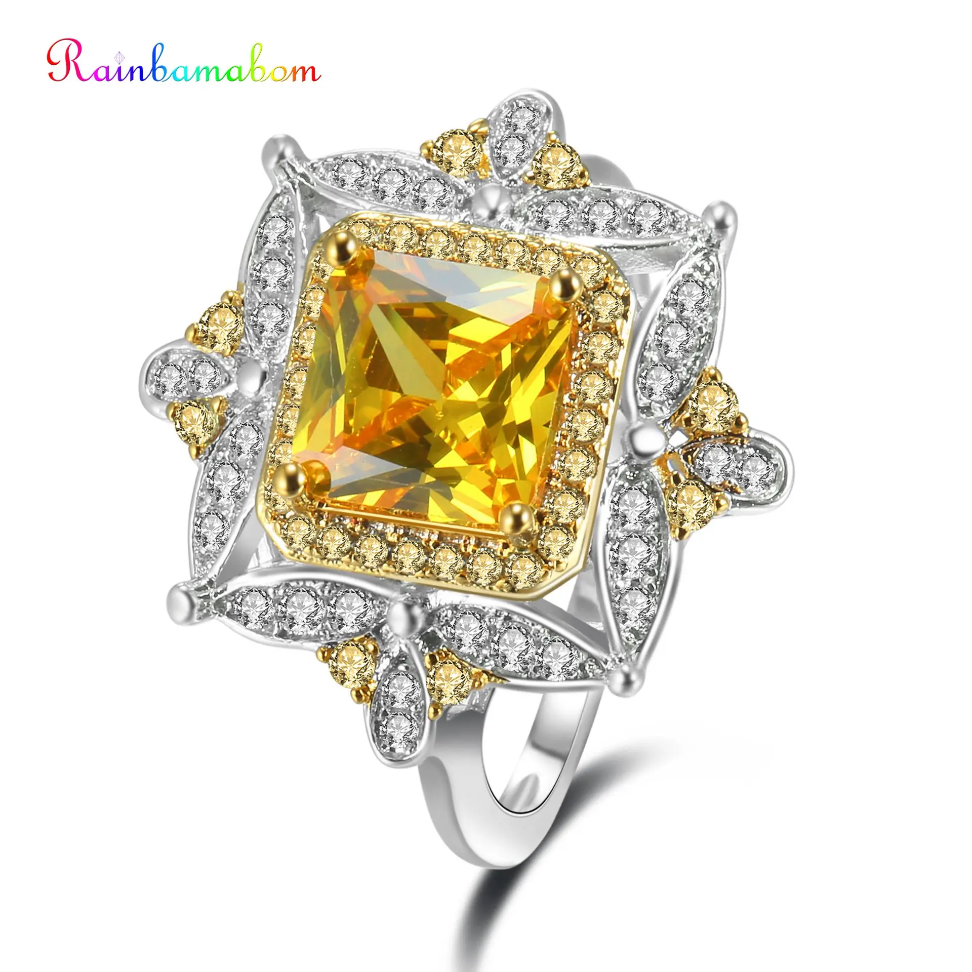 Женское кольцо с бриллиантом Rainbamabom из белого золота Настоящее серебро цитрин 925