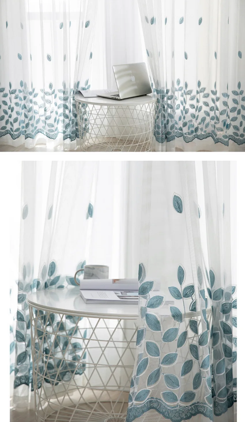 Blue Four-leaf Clover Embroidery Tulle Curtains For Living Room Sheer Panels White Voile Curtains For Bedroom Kitchen M099#4