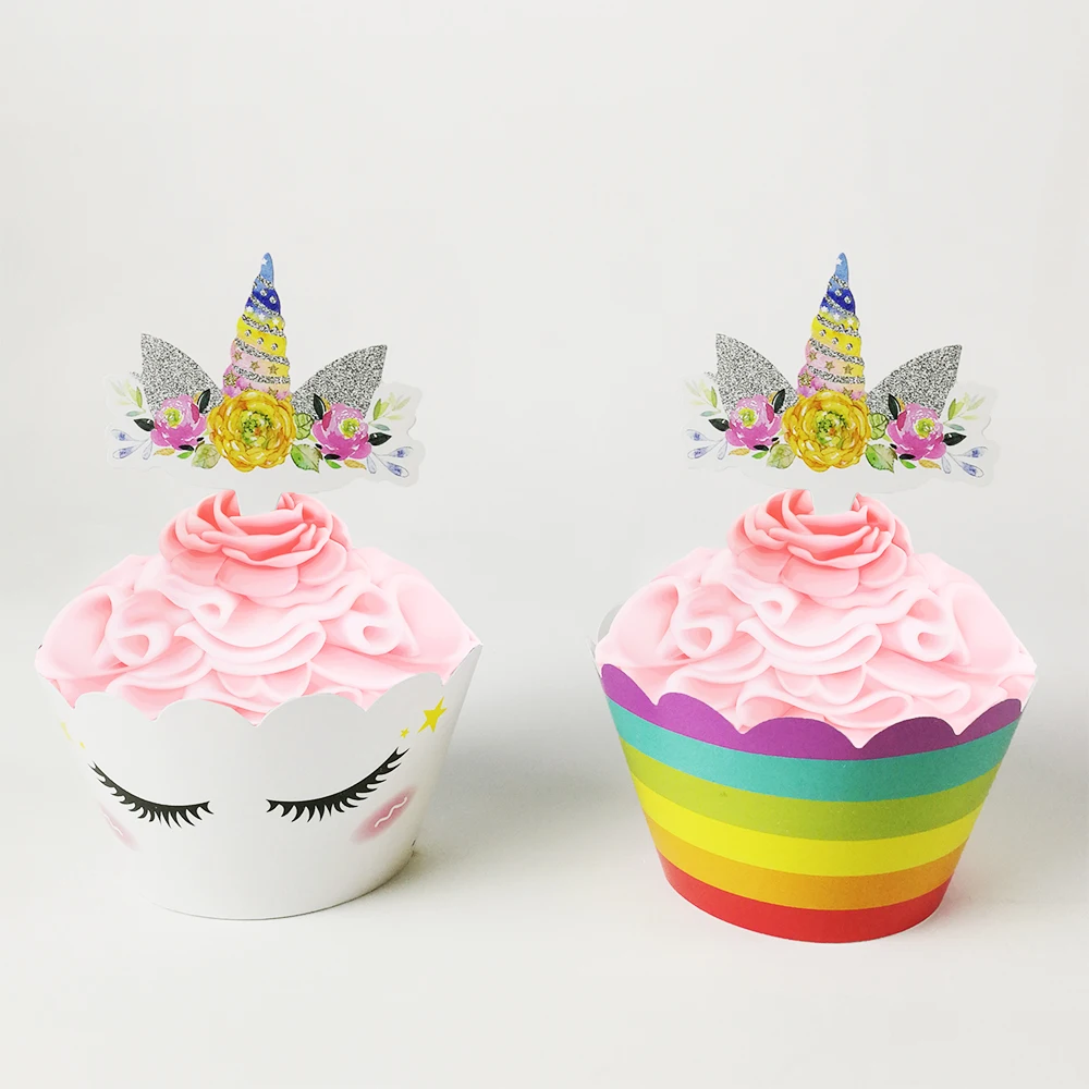 

24pcs Unicorn Theme Party Cup Cake Wrappers Rainbow Unicorn Cake Topper Baby Shower Cake Decorating Supplies