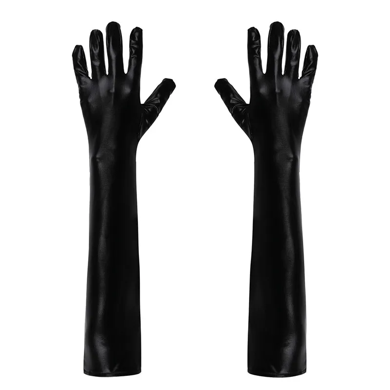 Black Унисекс, для взрослых, Wetlook, лакированная кожа, полный палец, длинные перчатки, мужские, блестящие, металлические, вечерние, для клуба, перчатки, варежки, 1 пара, черные - Цвет: Black