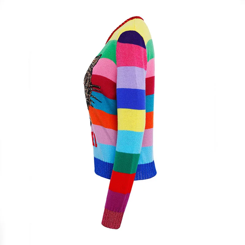 Женский трикотажный свитер в радужную полоску с длинным рукавом и блестками |