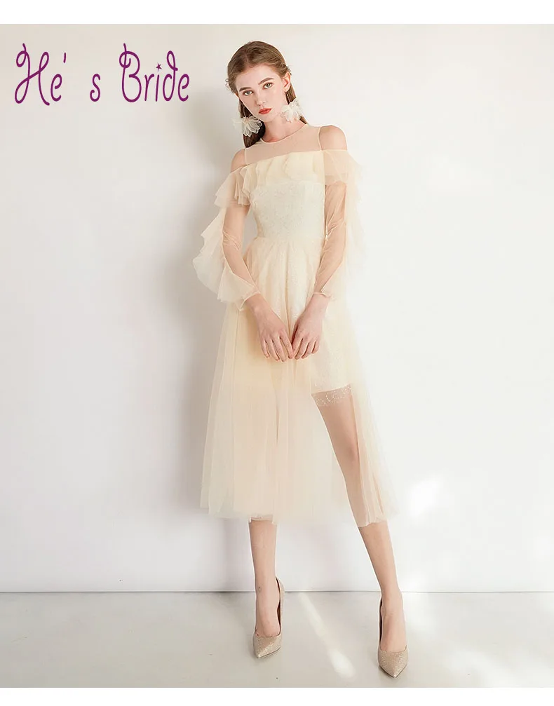 He's Bride Dream Champagne Lace Cocktail Party Dress Simple Zipper Back Tea-Length Long Sleeves for Women Robe De Soiree | Свадьбы и