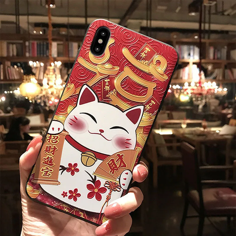JIBAN китайский стиль Lucky Cat чехол для телефона IPhone XSmax XR X 3d рельефный Iphone 6 6S 6plus 7plus 8