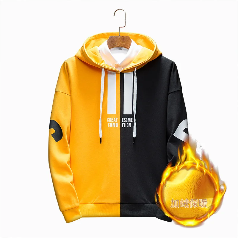 

Men's Winter Hoodies Sweatshirt Plus Velvet Warm Pullover Sweatshirt Man Casual Loose Stitching Letter Sweatshirt Tops Japan