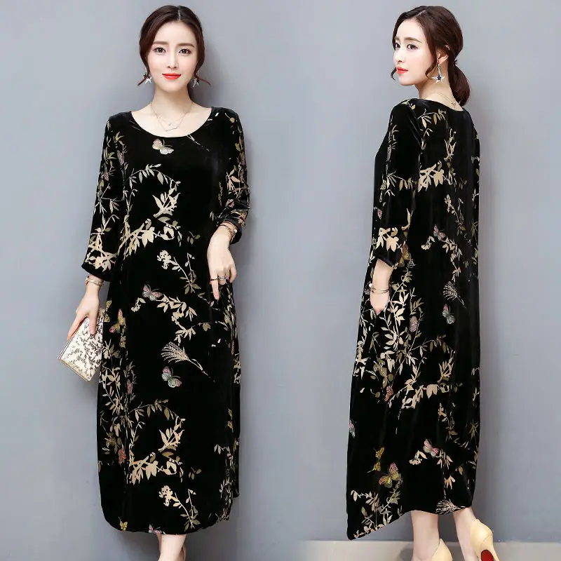 Plus Size 4XL Vintage Autumn Winter Dress Women Retro Print Gold Velvet Long Fashion T-Shirt Dresses RE2198 | Женская одежда
