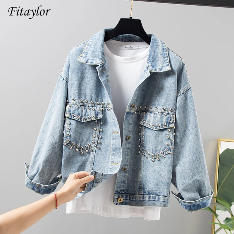 Fitaylor заклепки Свободная джинсовая куртка Женская винтажная короткая Harajuku BF