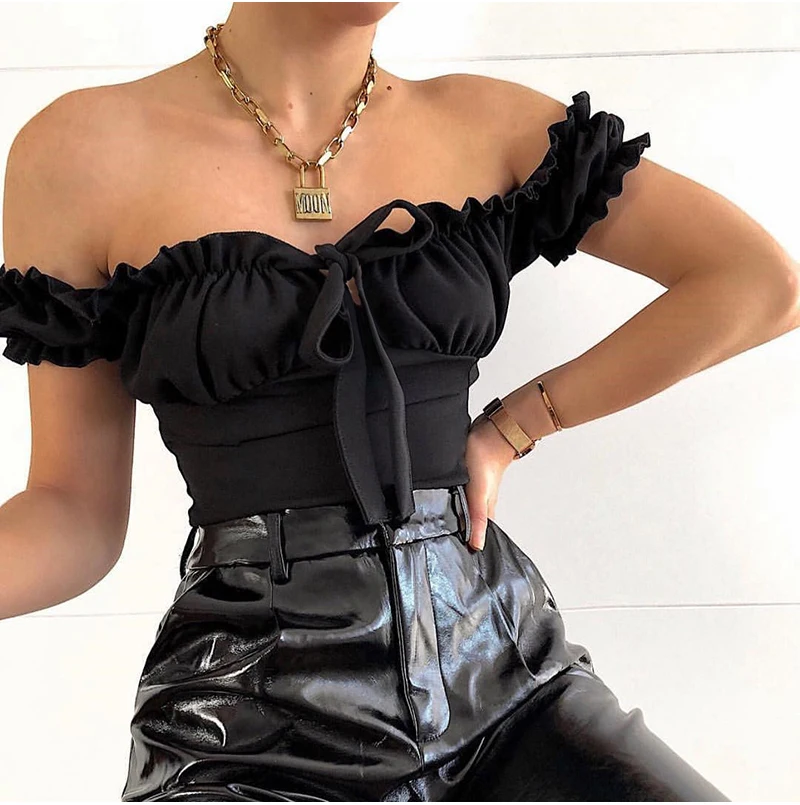 Для женщин Off Shoulder Ruffle боди с короткими рукавами комбинезон с бантом женские Однотонная одежда Купальник Ползунки Лето