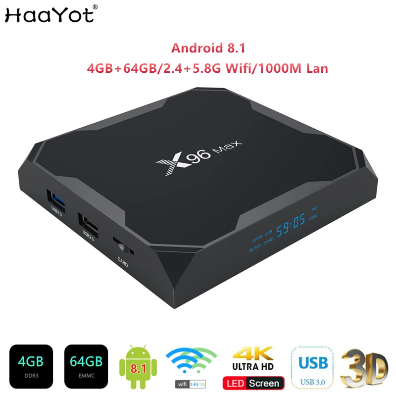 HAAYOT X96 MAX Android 9 0 Смарт ТВ коробка 4 Гб DDR4 64 Rom телеприставка 4K 3D 2 4/5 8G двойной Wifi 1000 м