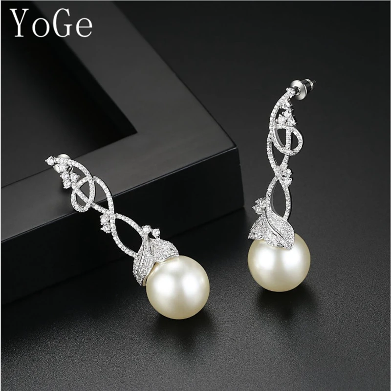 YoGe E5429 AAA CZ и имитация жемчуга лоза листья Длинные серьги гвоздики
