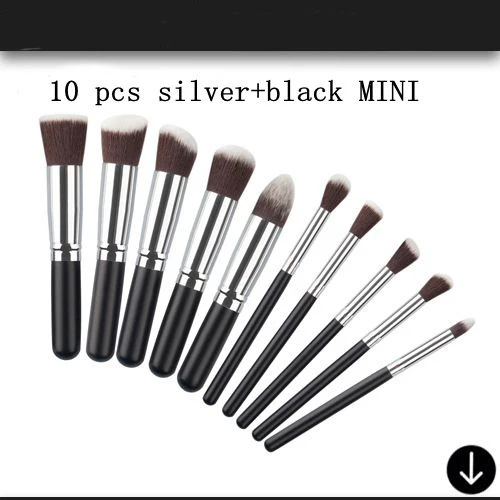 black silver 10pcs Профессиональные 10 шт. инструменты для макияжа, набор кистей, косметическая кисть, Тональная основа, тени для век, подводка для глаз, кисть для пудры, Pinceau Maquillage - Handle Color: black silver 10pcs