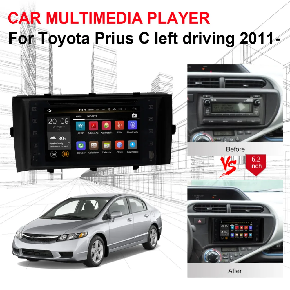 Android 9 0 Восьмиядерный автомобильный DVD мультимедийный плеер для Toyota Prius C