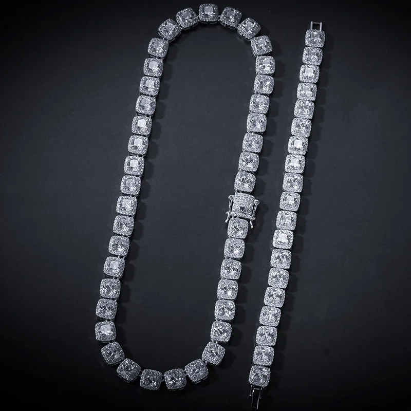 10 мм широкий хип хоп Bling Iced Out AAA CZ камень теннисная цепочка Набор браслетов и ожерелье кубического циркония Чокеры мужские цепочки - Окраска металла: Silver