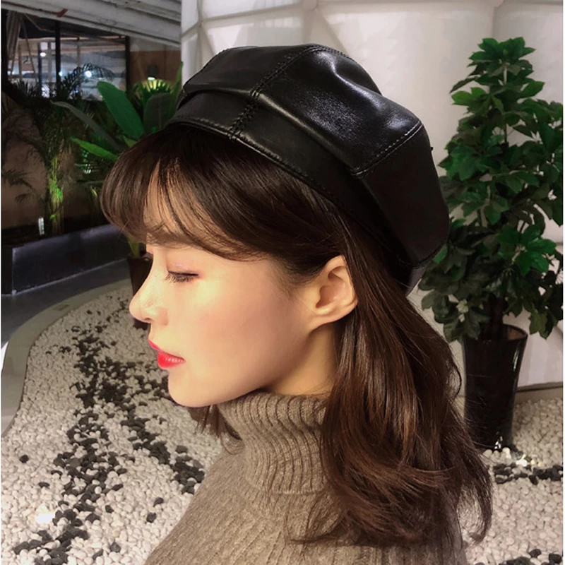 Женские береты на весну и зиму винтажные из овечьей кожи однотонные кепки