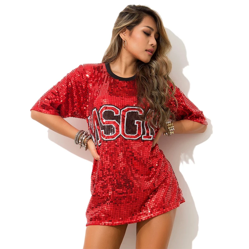 

Jazz Dance Costumes Of Red And Silver Sequins HipHop Cheerleading Street Dance Sexy Top Clothing For Women Competition DQT1165