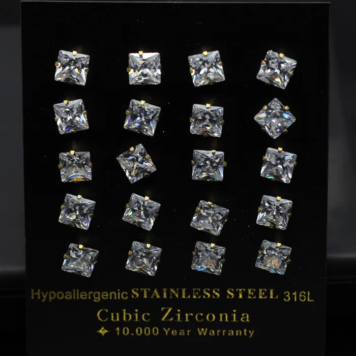 LUXUKISSKIDS 3-10mm 10pairs/lot Kids Clear Stud Earrings For Women Men Square Zircon Stainless Steel Earings SetFashion Jewelry | Украшения