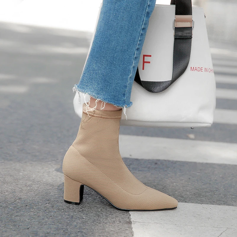 

WETKISS Stretch High Heels Women Ankle Boots Pointed Toe Zip Footwear Thick Plush Female Boot Sock Shoes Woman Winter 2018 New