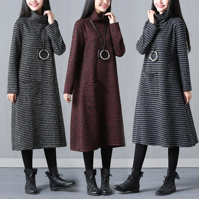 Женская водолазка из плотного хлопка и льна большого размера средней длины