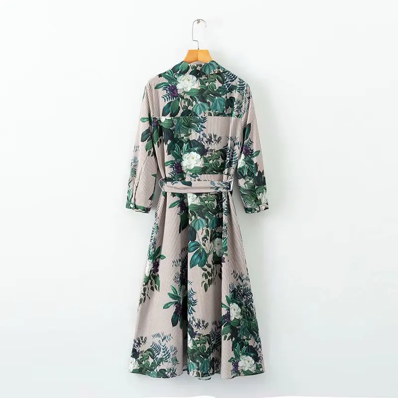 

2018 Women Vintage Floral Striped Midi Dress Bow Tie Sashes Long Sleeve Pleated Female Casual Chic Dresses Vestidos