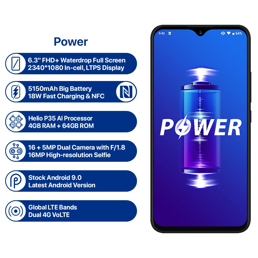 UMIDIGI Power смартфон с 6 3 дюймовым дисплеем восьмиядерным процессором Helio P35 ОЗУ 4 Гб