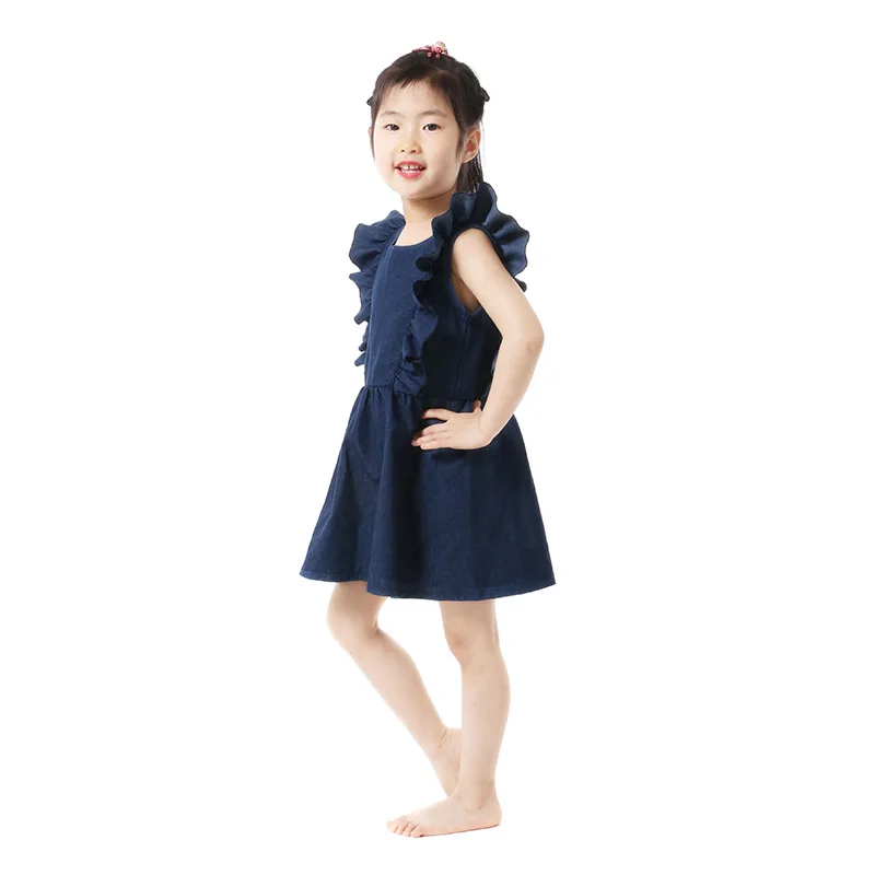 Летнее джинсовое платье для девочек с оборками и рукавом-фонариком | Детская