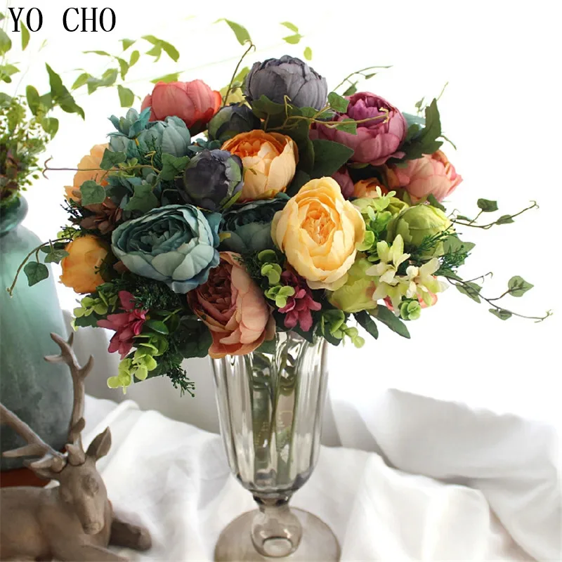 YO CHO 7-12 heads/bouquet large artificial peony artificial flowers roses flores silk flower for wedding home decoration mariage