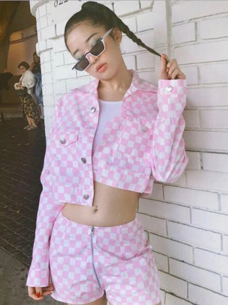 Harajuku ветер решетки девушка сердце розовый Короткие издание лацкан рано Новинка