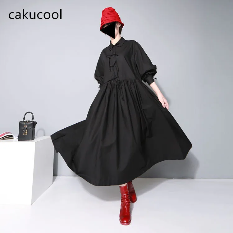 Женское длинное платье-рубашка Cakucool однотонное свободное платье черного и