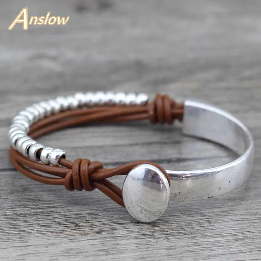

Anslow Brand 2018 New Fashion Jewelry Unisex Women Men Wristbands Genuine Leather Beads Bracelet Bangles Party Gift LOW0472LB