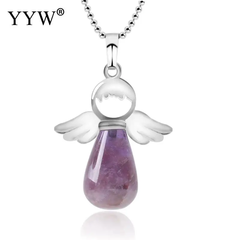 

YYW Natural Stone Angel Wings Pendant Necklace Pink Quartz Onyx Silver-color Water Drop Pendants Necklace Female Jewelry Gift