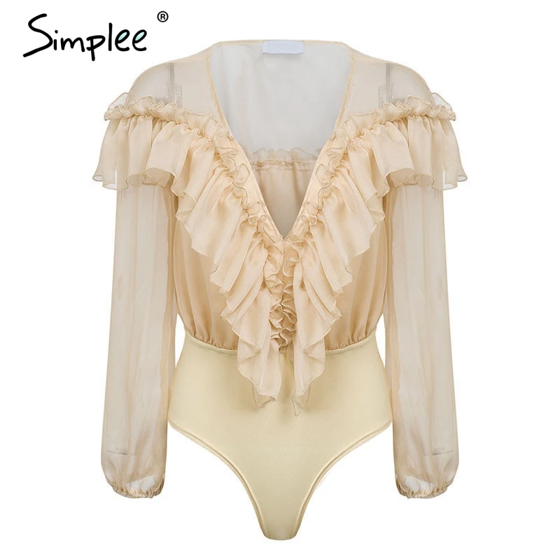 женское белое шифоновое боди Simplee сексуальный комбинезон с рюшами глубоким