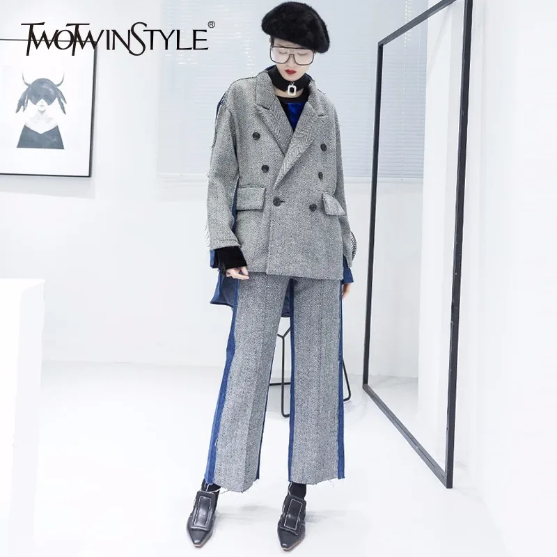 TWOTWINSTYLE шерстяной Блейзер Костюмы Женский лоскутный деним двубортный воротник с
