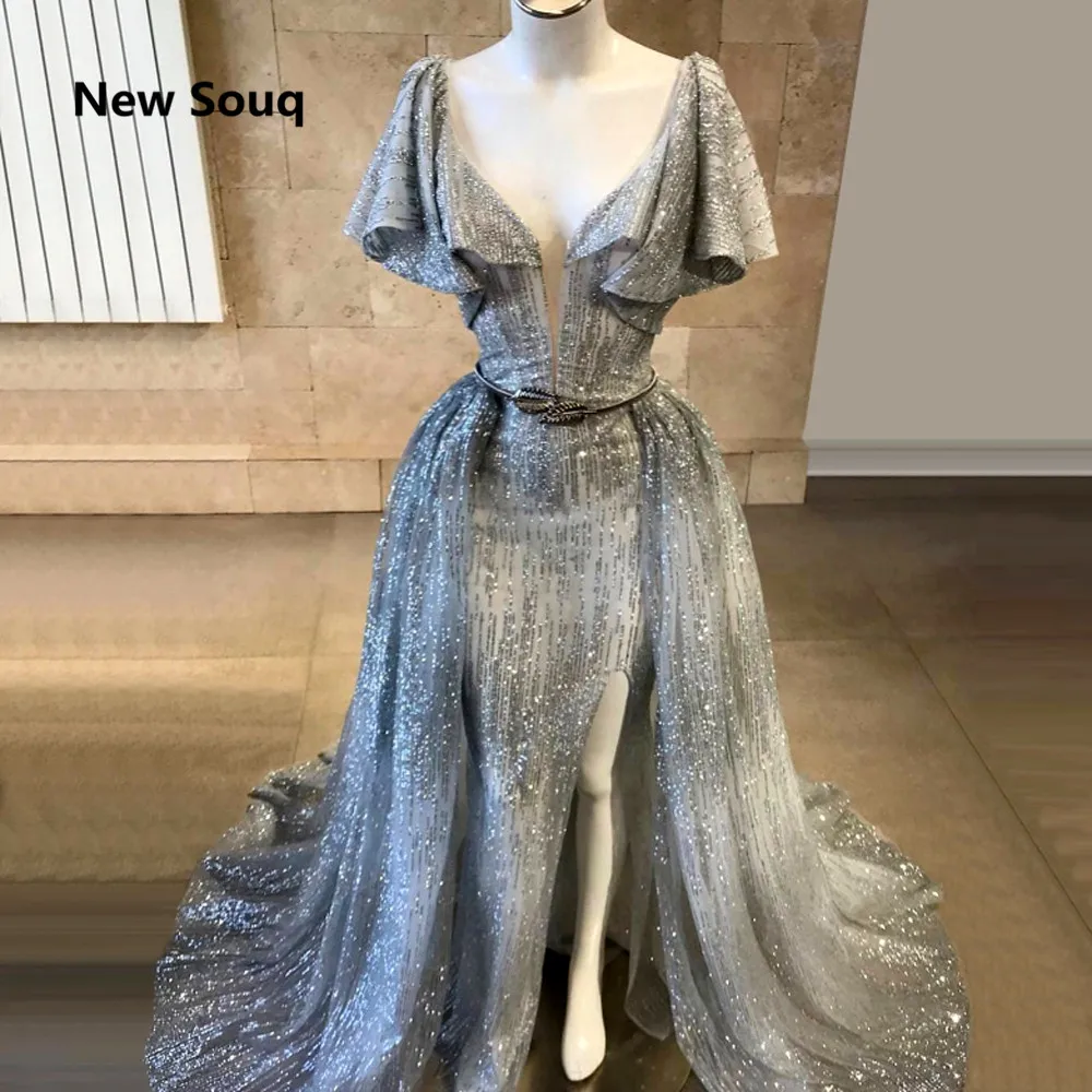 Иллюзия глубокий v образный Вырез Сторона Сплит Вечерние платья со съемной юбкой серебро блестками