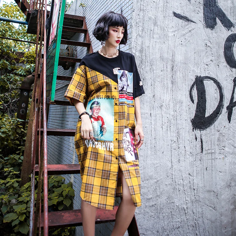 Женское платье-рубашка с круглым вырезом и коротким рукавом в стиле хип-хоп