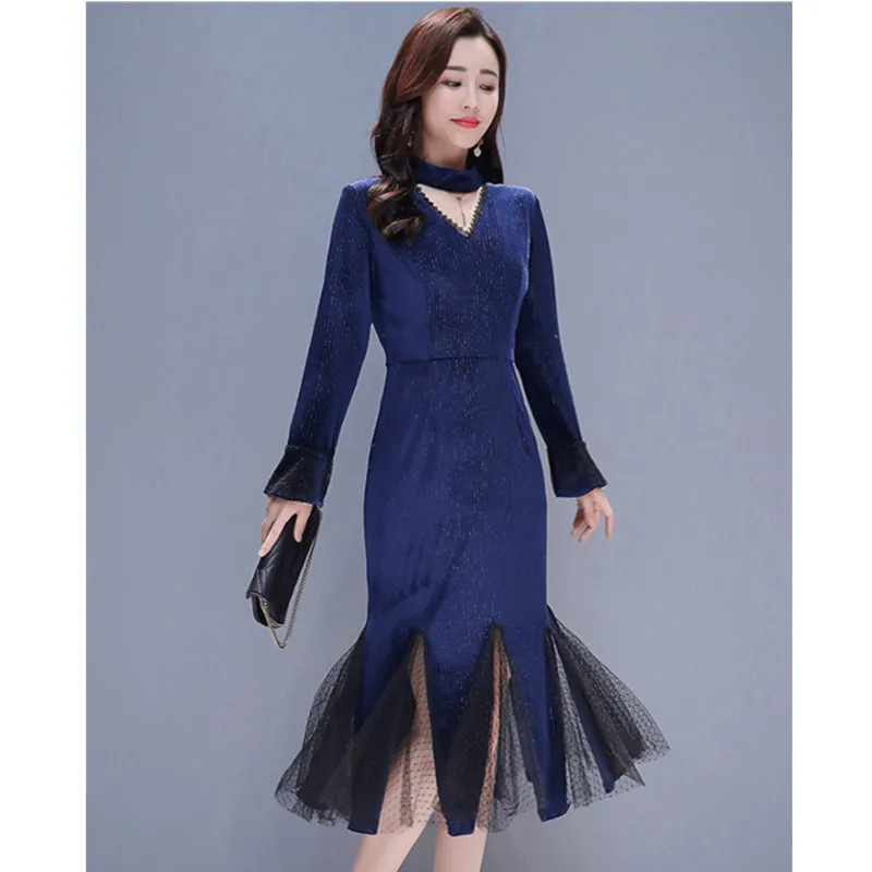 Женское бархатное платье с длинным рукавом винтажное элегантное годе V образным