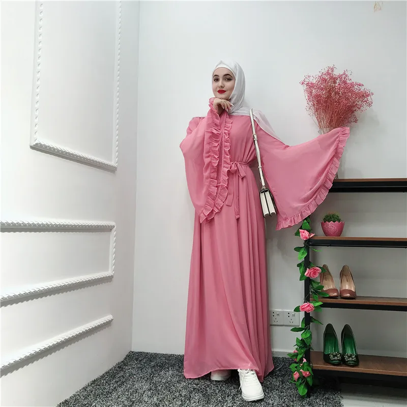 Фабрика большой расклешенный рукав мусульманские abayas syari арабские женщины полная Длина оборками кружева мусульманские халаты Рамадан абаи с поясом wq980 - Цвет: light purple