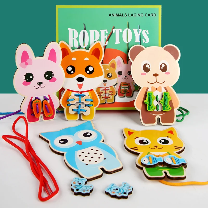 

Baby Toy Wooden DIY Puzzle Lacing Card Cartoon Animal wooden Rope game Handwork for children Educational Monterssori Toy for kid