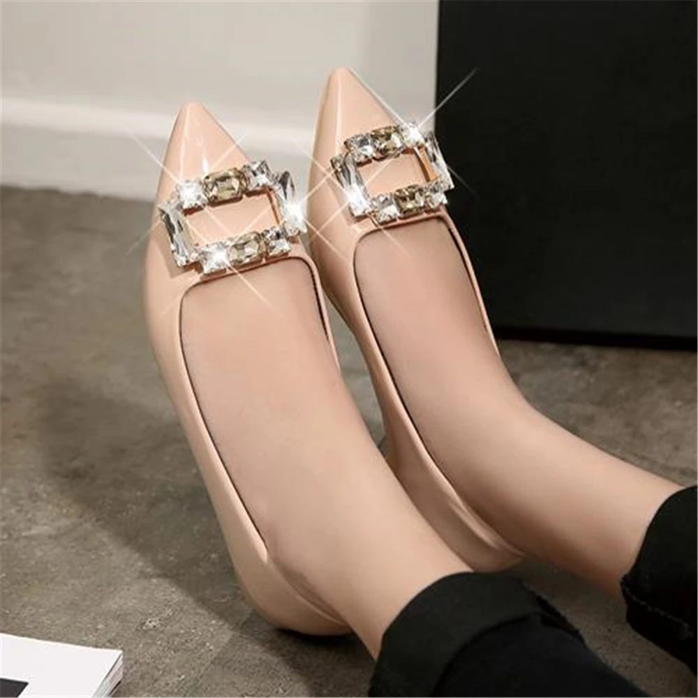 Europeanstyle new sharp women's single shoes flat heel shallow mouth wedding water drill square buckle leather female 44 | Обувь