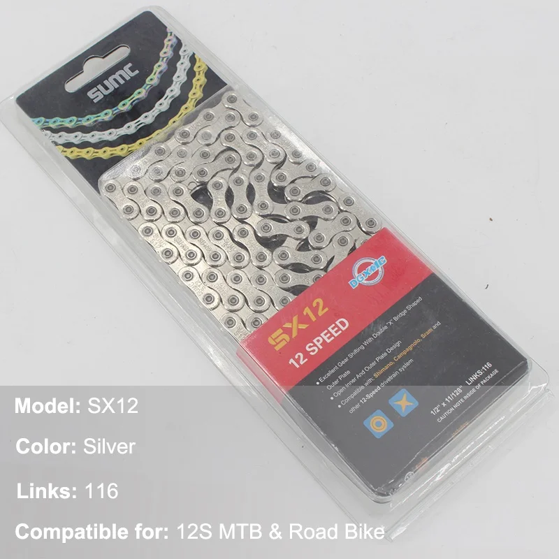 12S SX12 Silver Красочные полые MTB шоссейные велосипедные цепи 116 звенья, велосипедные цепи из нержавеющей стали 6 7 8 9 10 11 12 Скоростей, цепь для горного велосипеда - Цвет: 12S SX12 Silver