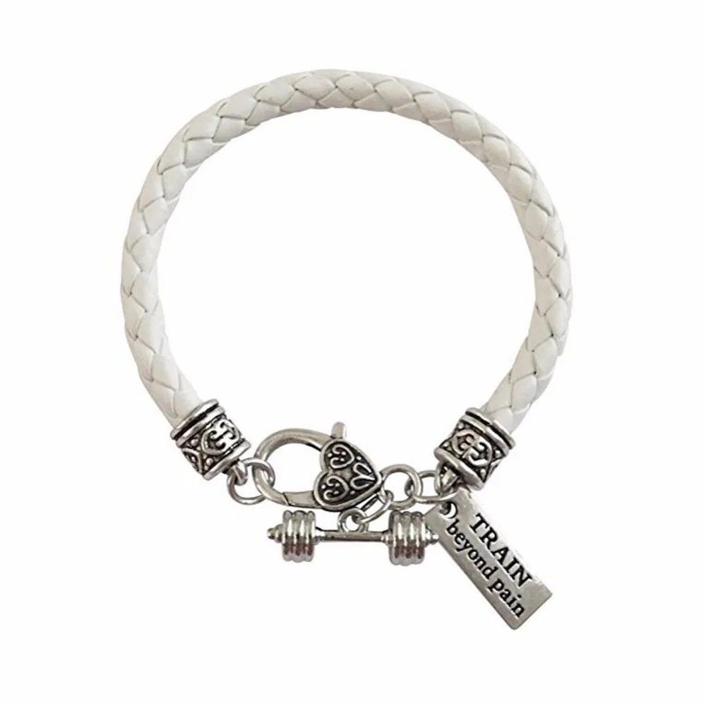 Белый кожаный плетеный кроссфит для тяжелой атлетики фитнес штанга Dumbell браслет