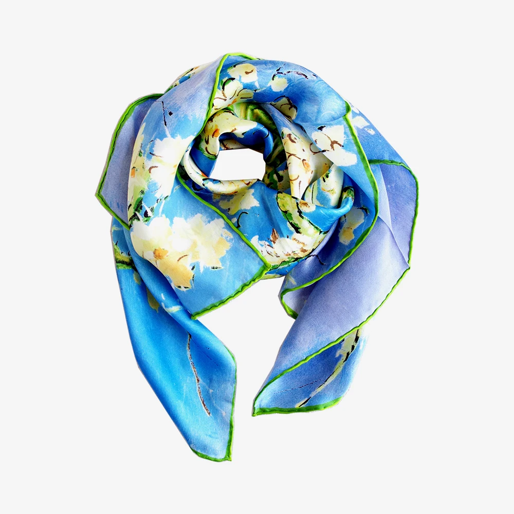Women's 100% Luxury Charmeuse Satin Silk Scarf of Famous Oil Paintings Van Gogh's Painted Scarfs Almond Blossom | Аксессуары для